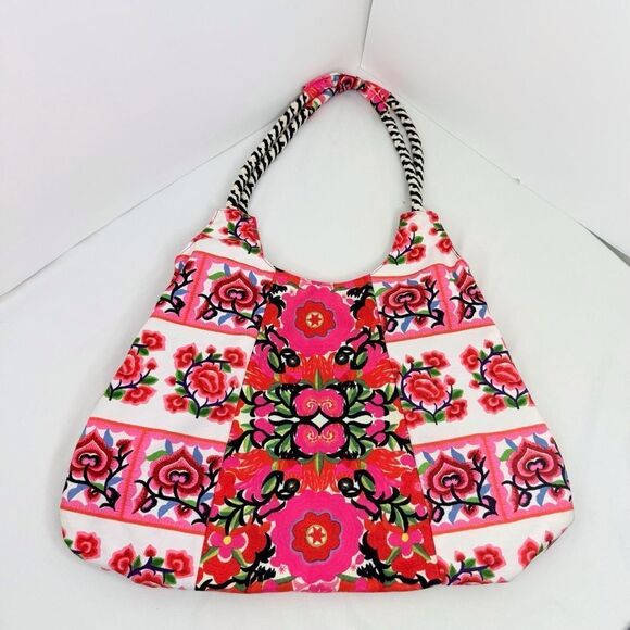 Rip Curl Vibrant Pink Red Embroidered Floral Soft Cotton Canvas Boho Tote Bag - Picture 4 of 16